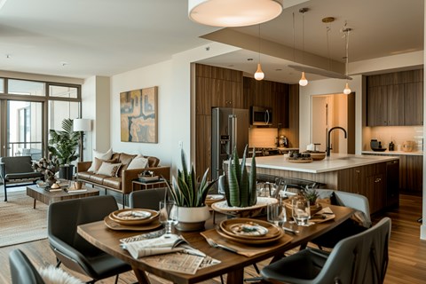 a living room and dining room with a table and chairs
