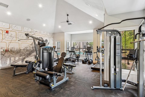 A gym with a variety of equipment including a weight bench, a leg press machine, and a cable machine.at Onyx183, Austin, TX  