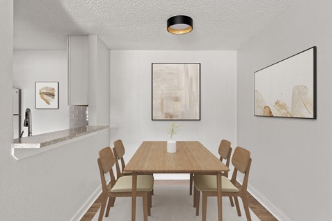 a dining room with a wooden table and chairs at South Lamar Village, TX, 78704