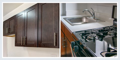 a kitchen with a sink and cabinets and a stove and a sink
