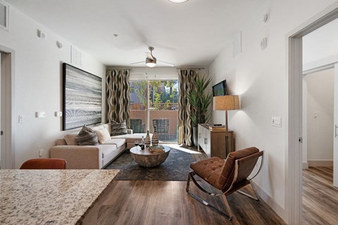 a living room with a couch and a table
