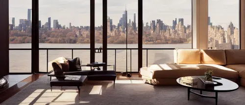 Concept art illustration of a Manhattan penthouse interior design in New York City, highlighting the elegance and appeal of luxury apartments typically leased by millionaire renters.