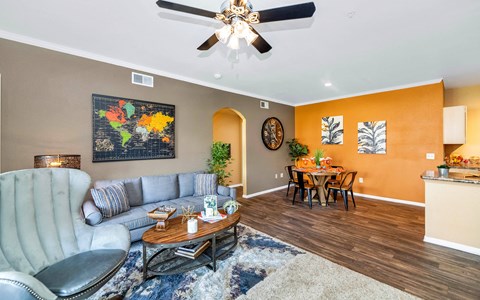 a living room with a couch and a table