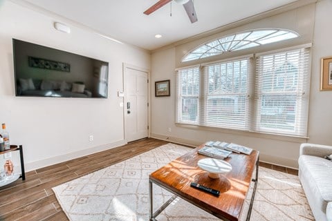 a living room with a couch and a coffee table