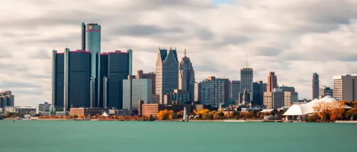 View of downtown Detroit, MI, at sunrise.